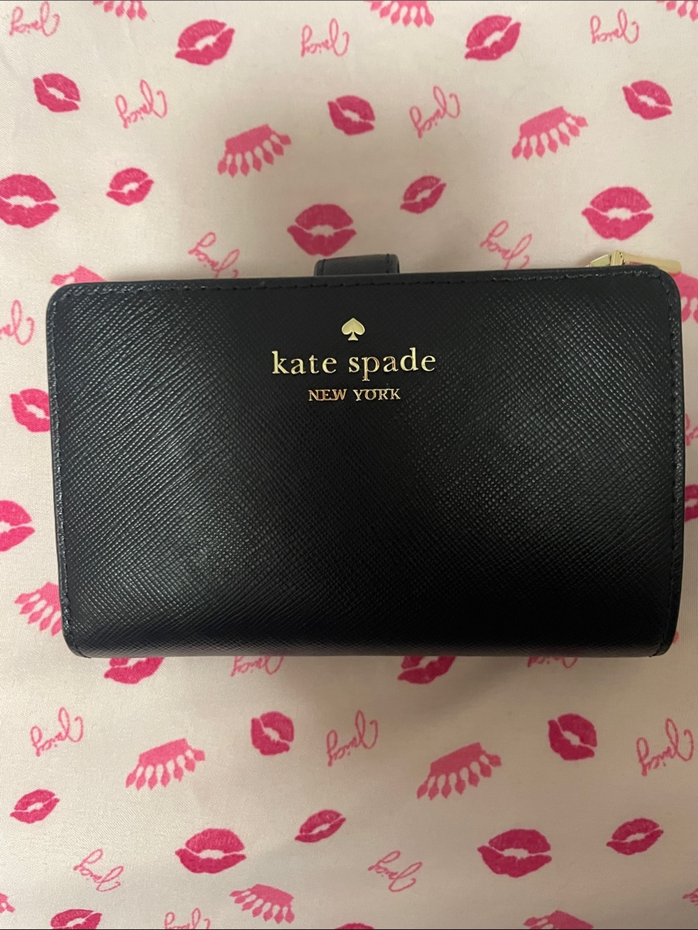 kate spade Black Saffiano Leather Bifold Wallet with Gold Logo
